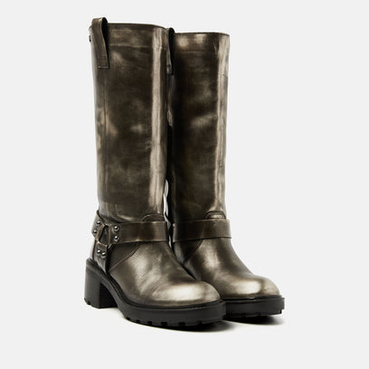 Salome Women's Leather Biker Boots Pewter